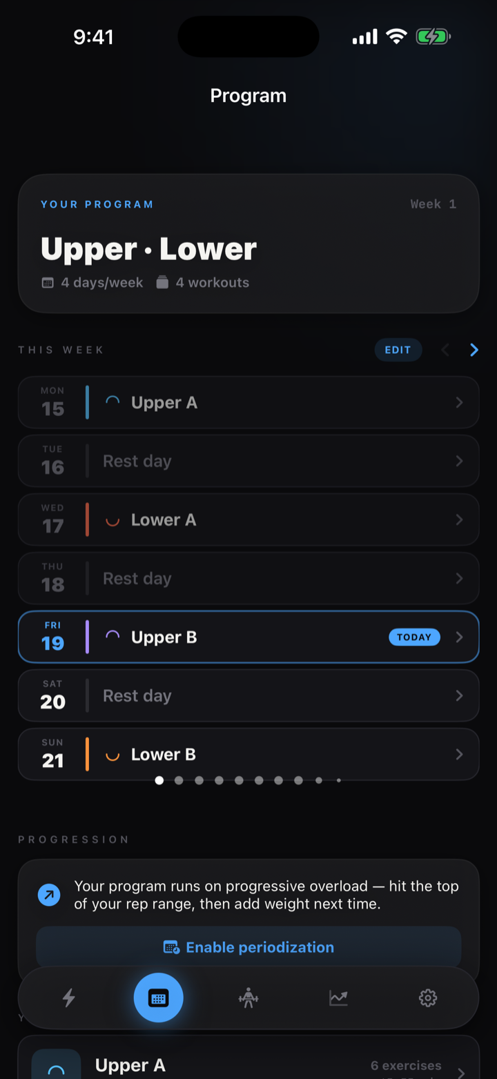 GoBlu Program screen showing the full week schedule with session types and targets