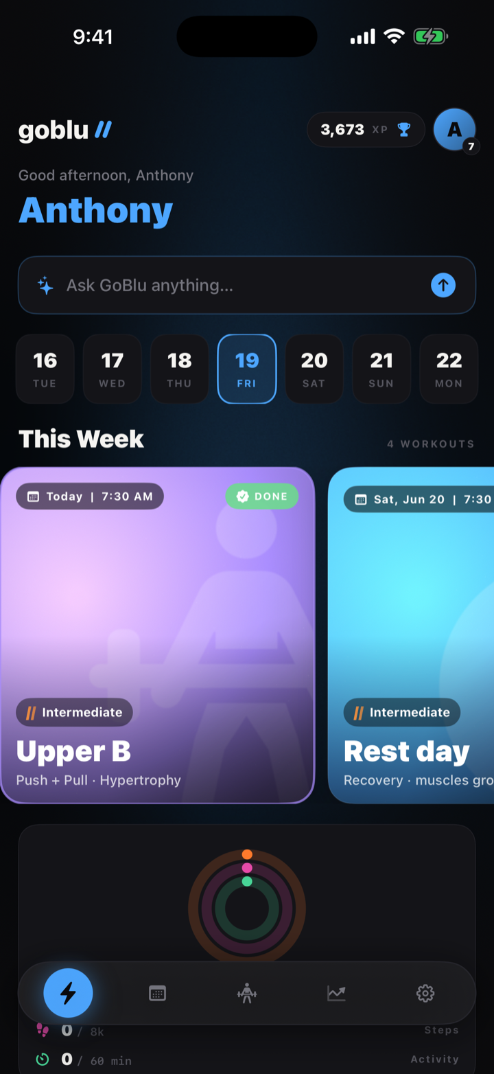 GoBlu Today screen showing the day's workout, week schedule, and progress rings